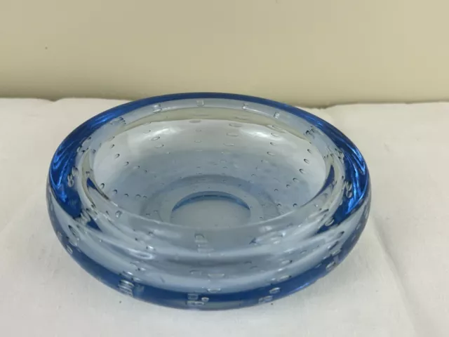 VINTAGE WHITEFRIARS 1950s sapphire blue controlled air bubble glass bowl dish