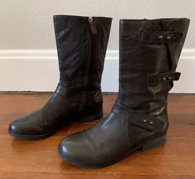 Eileen Fisher Domingo Moto Boot 7.5 Black Leather Classic Luxury Minimalist Stud