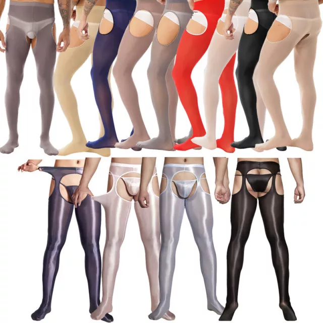 Men's Glossy Crotchless Pantyhose Stockings Stretchy Lingerie Trousers Hosiery