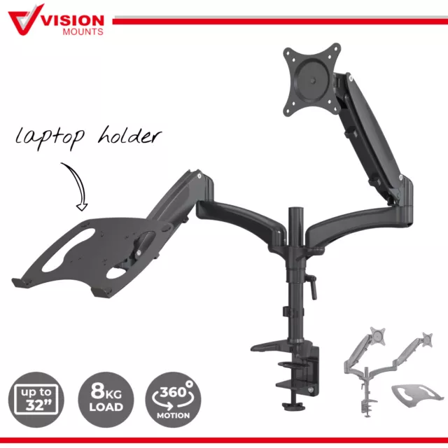 Dual Monitor Stand 2 Arm Desk Mount  + Laptop Tray Holder Adapter Bracket VESA