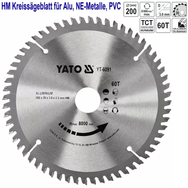 HM Kreissägeblatt 200 x 30 mm 60Z Hartmetall Sägeblatt Alu NE-Metall PVC Holz