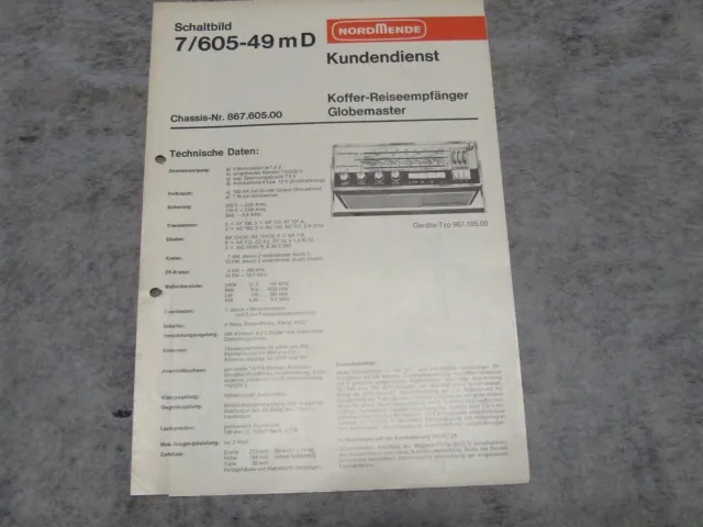 Schaltplan Service Manual Kofferradio Radio Nordmende Globemaster 7/605-49mD