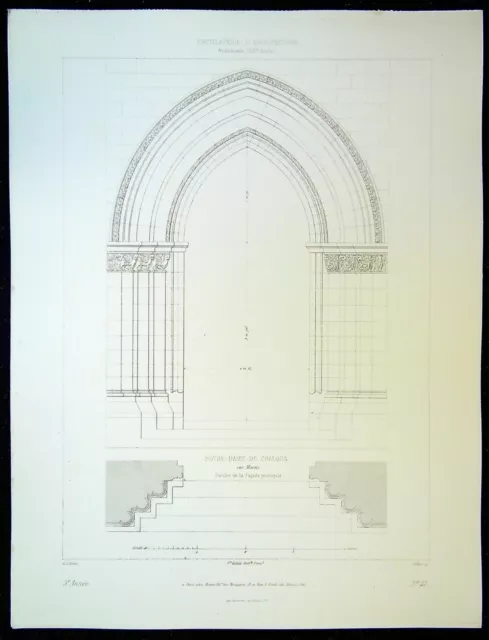 Ancienne Gravure d'Architecture N Dame de Chalons Porche de la façade principale