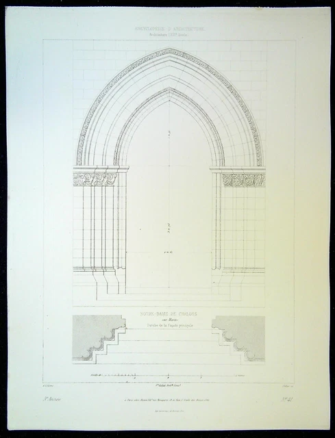 Ancienne Gravure d'Architecture N Dame de Chalons Porche de la façade principale