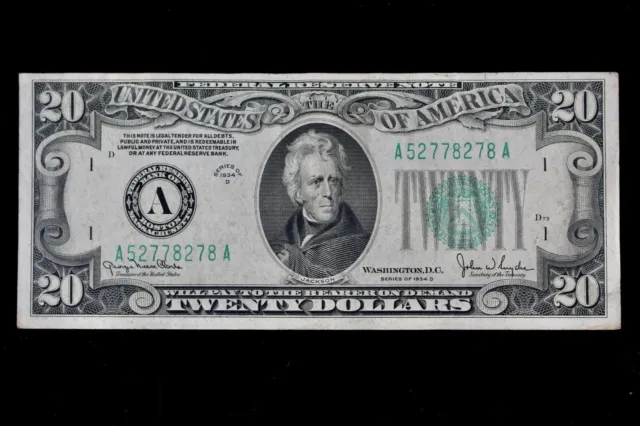 NEW LOW SERIAL# $20 1934D Narrow Federal Reserve Note A52778278A series D Boston