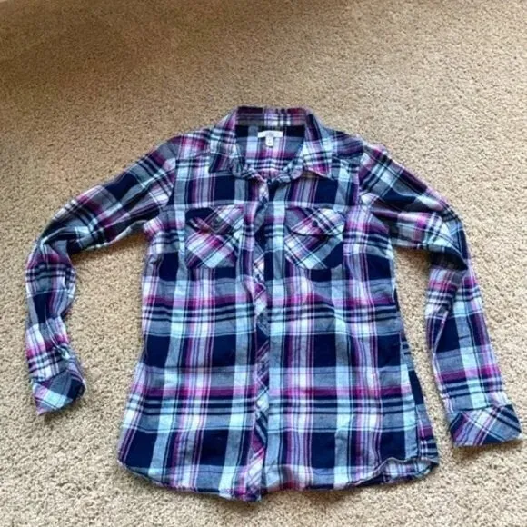 Croft & Barrow Women's Pinkish Purple/Blue Plaid Button-Down Long Sleeve Shirt S