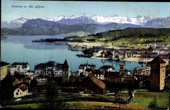 Ak Luzern Stadt Schweiz, Panorama mit Alpen - 4198360