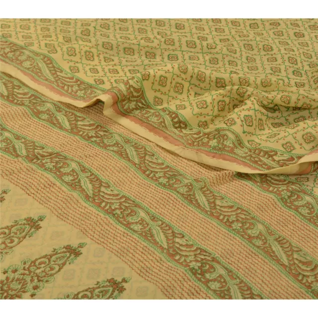 Sanskriti Vintage Sarees Cream Pure Chiffon Silk Printed Sari Soft Craft Fabric