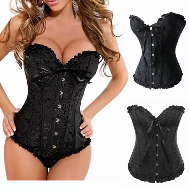 Womens Black Overbust Boned Corset Burlesque Basque Top Bustier Lace-Up Costume