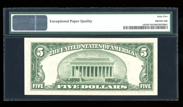 DBR $5 1934-C Silver STAR Gem Fr. 1653W* Wide PMG 65 EPQ Serial *17058770A 2