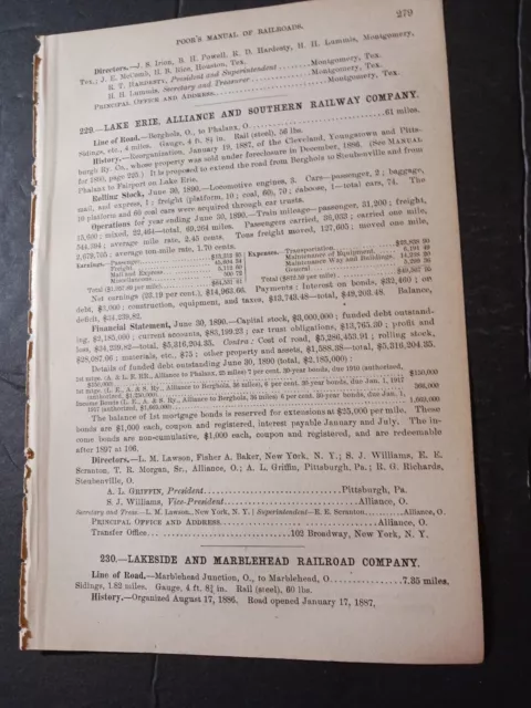 1891 train report LAKE ERIE ALLIANCE & SOUTHERN RAILWAY Bergholz Phalanx Ohio RR