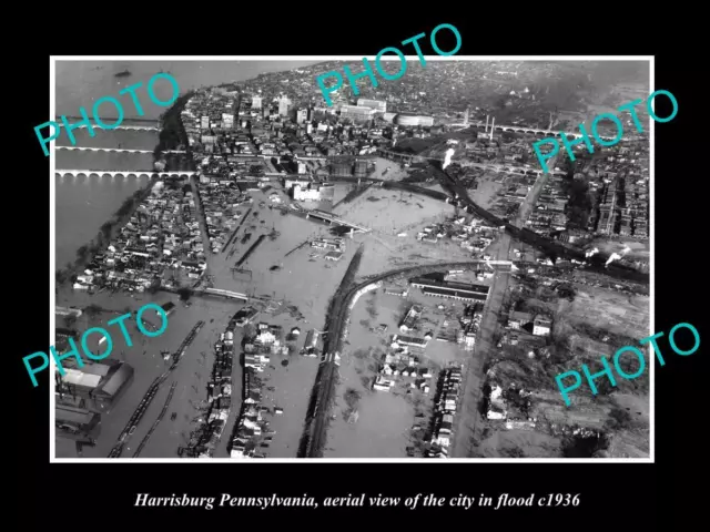 OLD LARGE HISTORIC PHOTO OF HARRISBURG PENNSYLVANIA AERIAL VIEW OF FLOOD c1936