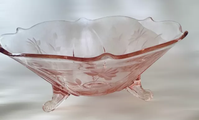 Vintage Pink - 3 Footed Bowl, Depression Glass, Etched Flowers & Leaves Mint