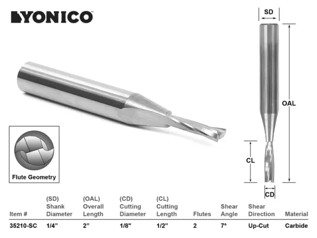 1/8" Dia. Low Helix Upcut End Mill CNC Router Bit - 1/4" Shank - Yonico 35210-SC