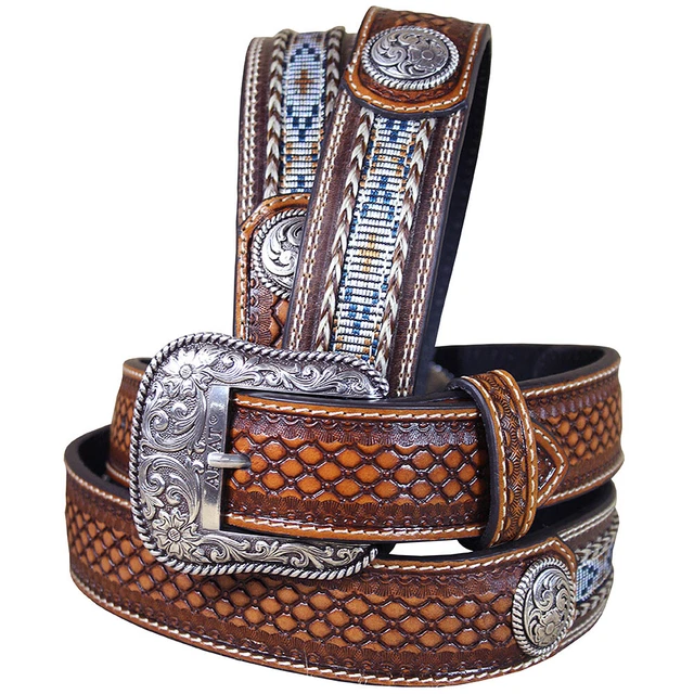 88MF 32-46 In Western Ariat Belt Leather Mens Basketweave  Conchos Brown