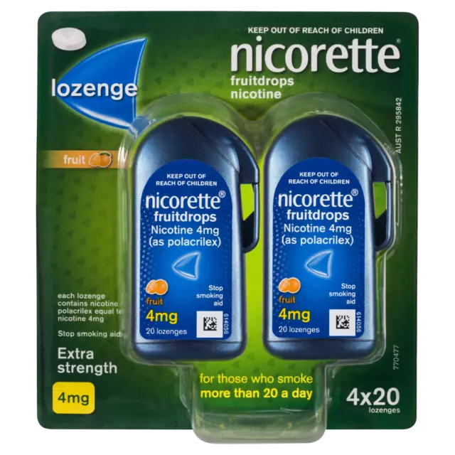 Nicorette Lozenge Fruitdrops Nicotine 4mg 4 x 20 Pack - Fruit Extra Strength
