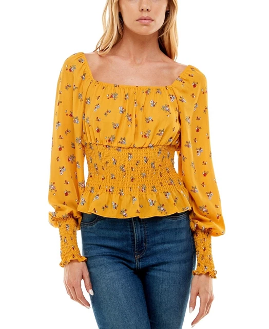 Ultra Flirt Juniors' Smocked-Waist Peasant Top Dark Yellow Size Large