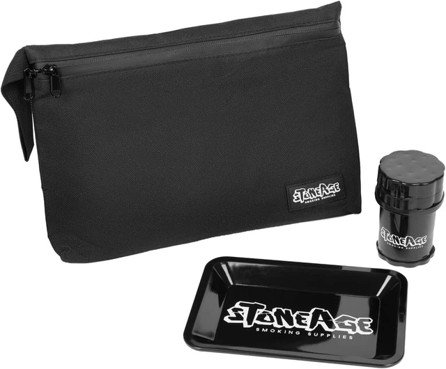 StoneAge Smell Proof Bag Set - Carbon Lined Stash Pouch - Herb Grinder & Metal