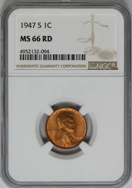 1947-S NGC 1C Lincoln Wheat Cent/Penny BU UNC MS66RD RED Similar as Shown