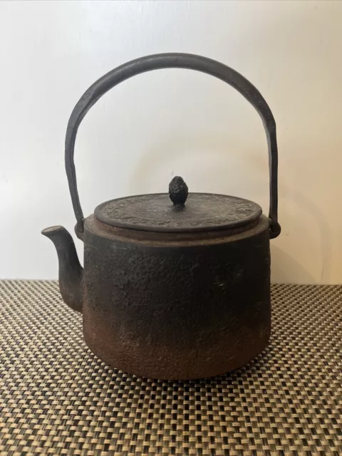 Antique Japanese Tetsubin Cast Iron Teapot Ornate Flower Design Round Shape Lid