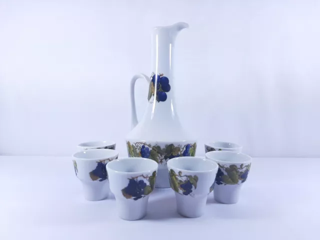 Vintage Naaman Israel Porcelain Fruits Decanter Pitcher & 6 Cups
