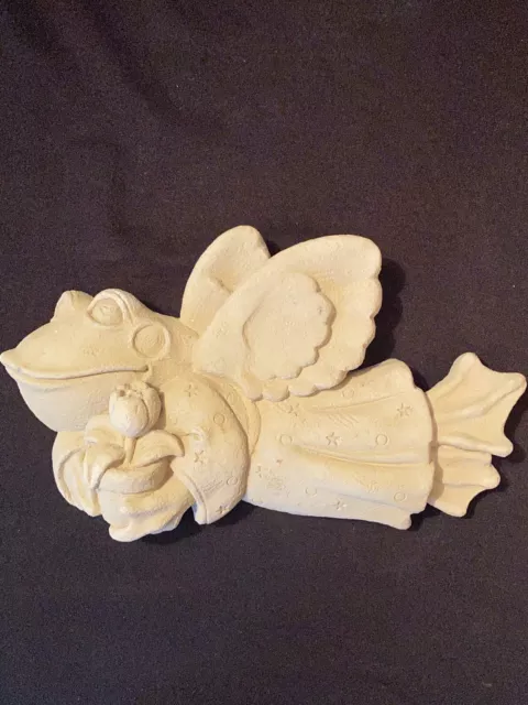 Cast Stone Pottery Frog Angel Holding Tulips Indoor/Outdoor Garden Wall Art