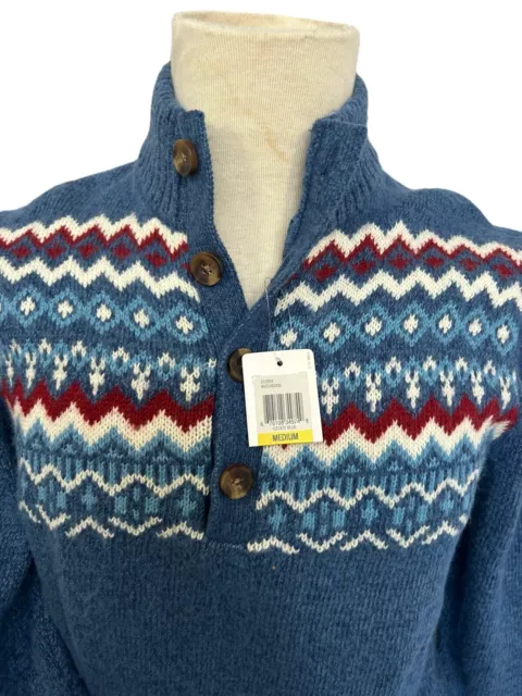 IZOD Men's V-Neck Soft Sweater 1/3 Button W/Aran Design Pullover Blue Size M 2