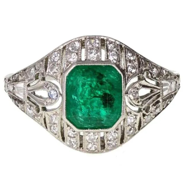 Impressive Early 20th Century Style With Green Lab Created Emerald Women's Ring