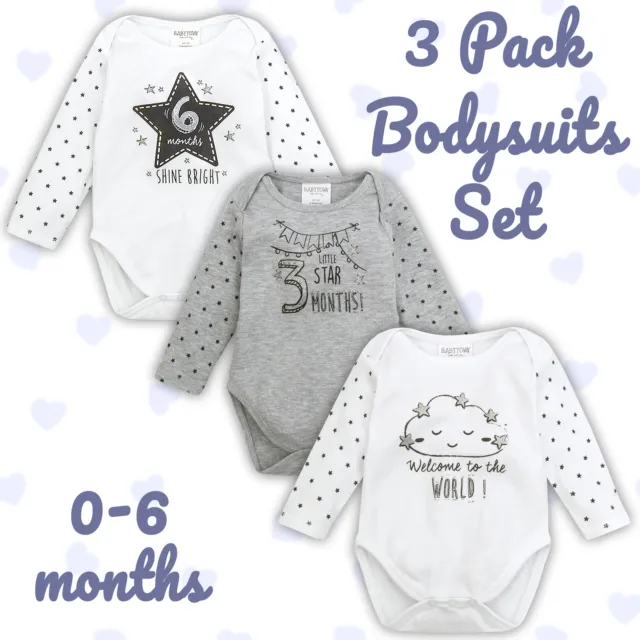 Newborn Baby Girls Boys 3 Pack Set Bodysuit Babygrow Long Sleeve Size 0-6 Months