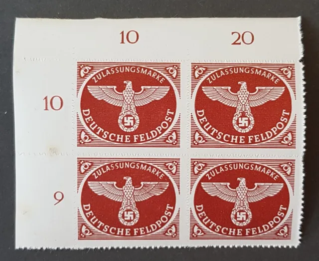 GERMAN EMPIRE ORIGINAL THIRD REICH  STAMP WW2 FELDPOST 4 BLOCK (Mi 2b) 1943 MNH