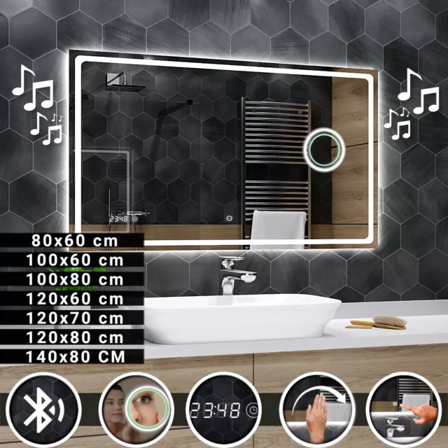 Espejo De Baño LED Iluminado con Interruptor de luz, Reloj, Bluetooth Houston