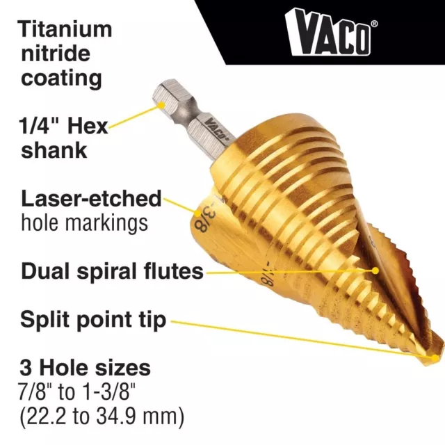 Klein Tools 25960 Step Drill Bit, Spiral Double-Fluted, 7/8" to 1-3/8", VACO 2