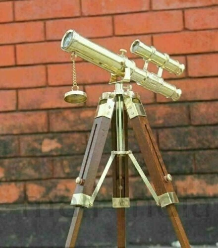 Nautical Marine Mini Double Barrel Brass Telescope With Wooden Tripod Stand Gift