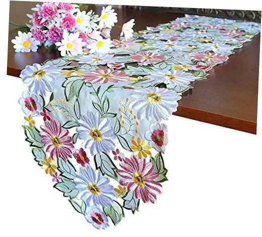 Spring Table Embroidered Flowery Applique Floral Daisy Cutwork Runner 13"×83"