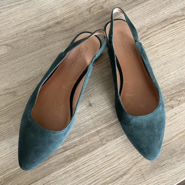 Madewell Shoes Size 7.5 Womens Modern Green Suede Slingback Flats Pointed Toe