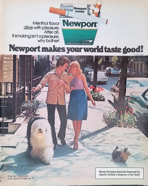 Vintage Print Ad 1970's Old English Sheepdog Couple Smoking Newport Cigarettes