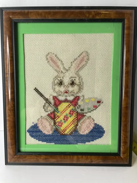 Finished Completed Cross Stitch Easter Bunny Rabbit Framed Easter Egg Painting 3