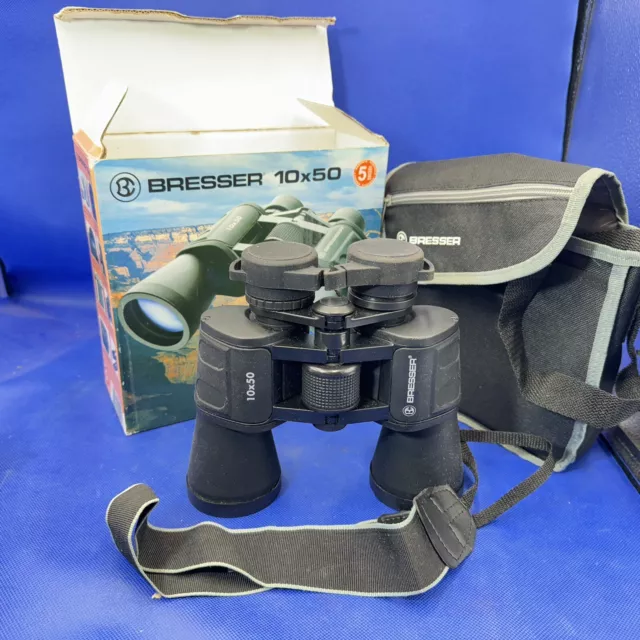 Binoculars Bresser 10 x 50 Porro Full Size Bak4 114m / 1000m & Carry Case