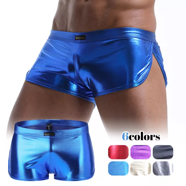 Men's Wet Look Leather Boxer Shorts Shiny Underwear Low Rise Boxer