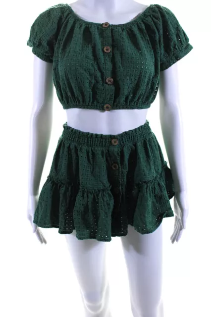 Eberjey Womens Cotton Textured Spotted Buttoned Crop Top Skirt Set Green Size S