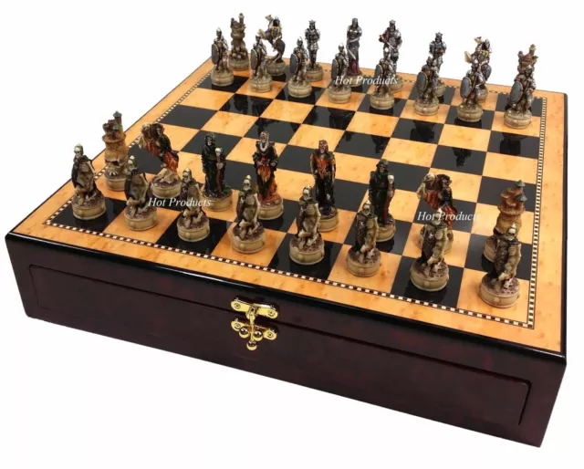 Skeleton Slayer Gothic Fantasy Skull Chess Set Walnut Color 17" Storage Board