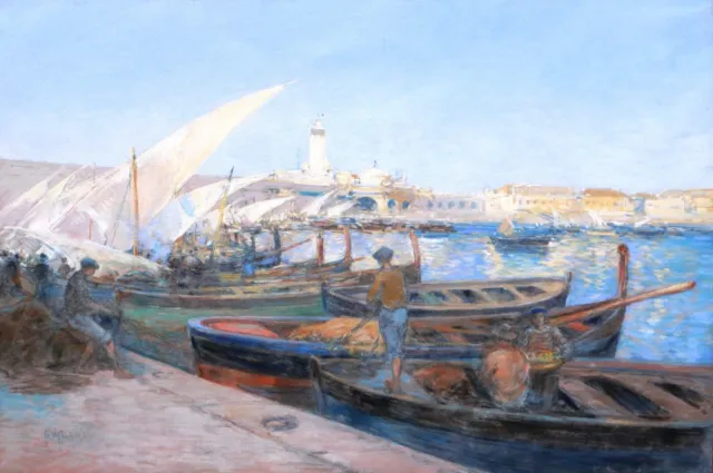 Tableau dessin pastel paysage orientaliste Algérie port d'Alger Henri PAILLARD