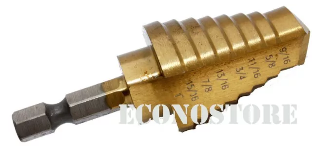8 steps HSS Titanium Step Drill Bit 9/16"" to 1" w/ Quick Change 3/8" Shank