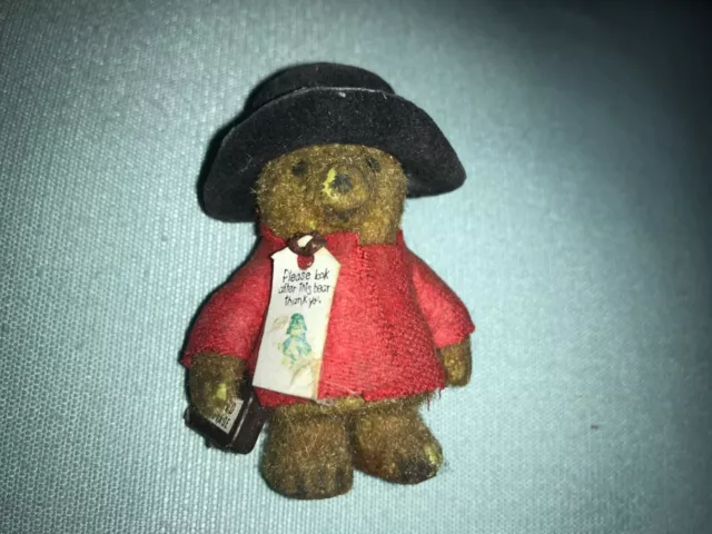 Vintage original mini flocked Paddington Bear 6cm red coat black hat