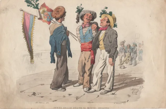 Palizzi Scena delle feste di Montevergine 1853 De Bourcard bulino acquarellato