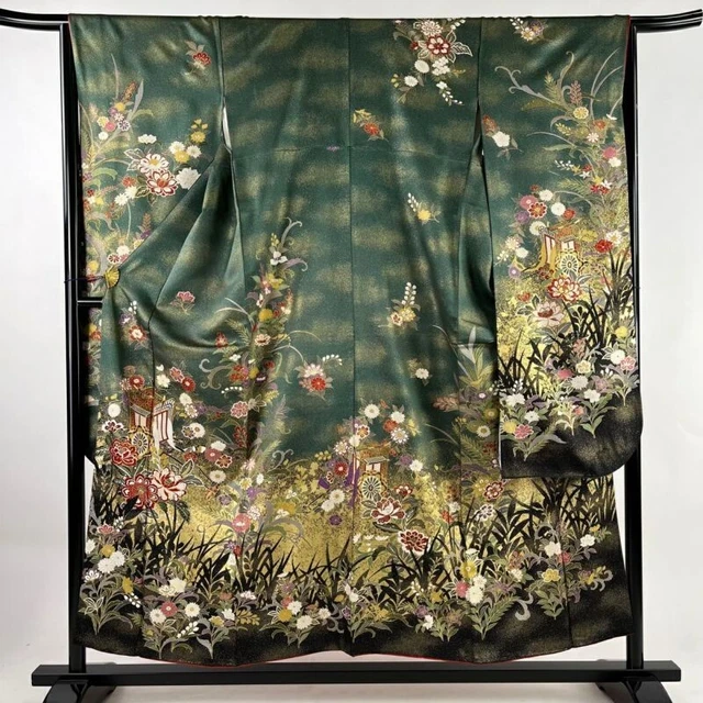 Woman Japanese Kimono Furisode Silk Goshoguruma Flowers Gold Thread Foil Green