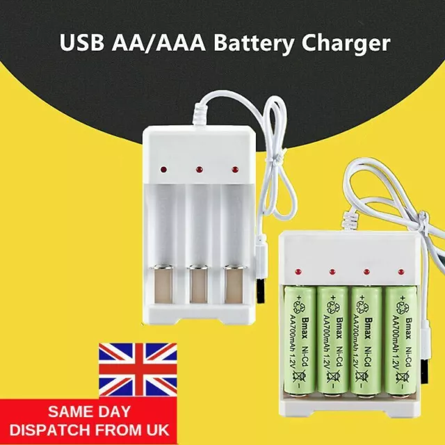 USB Plug Fast Battery Charger for AA AAA Rechargeable Batteries 4 or 3 Slots UK