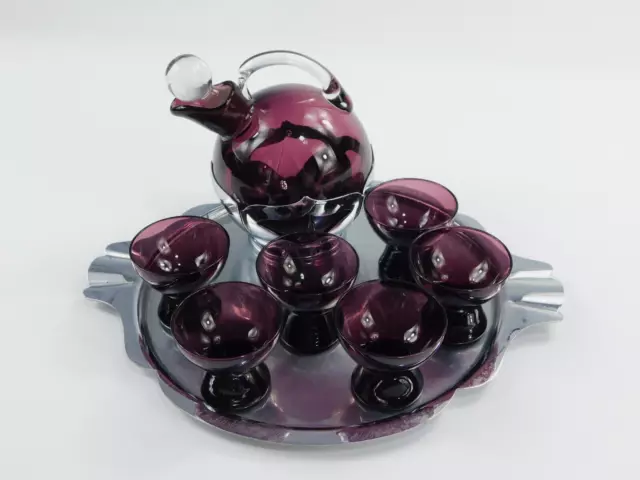 Cambridge Amethyst Glass Farber Bros Krome Kraft Decanter Cordial Set w/Tray Cambridge Amethyst Glass Farber Bros Krome Kraft Decanter Cordial Set w/Tray