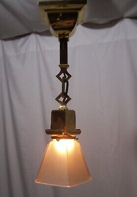 Antique Mission Light Pendant Sconce Art Craft Brass Fixture Vtg Shade USA #P55