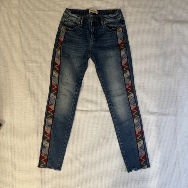 Driftwood Jeans Women 26x28 Blue Denim Skinny Ankle Embroidered Aztec Stretch